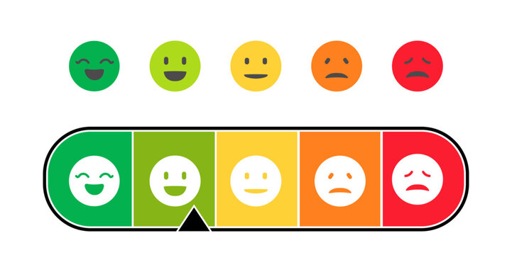 Emoji gauge meter. Mood indicator from angry to satisfied. Rating and feedback, user opinion. Emotions and feelings. Scale and barometer, internet poll. Flat vector illustration
