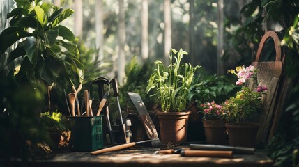A peaceful gardening session in a blooming botanical garden, Gardening tools and plants arranged for cultivation, Botanical leisure style