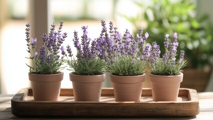 A calming arrangement of lavender plants in small ceramic pots, placed on a rustic wooden tray with soft lighting