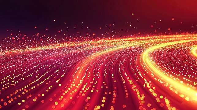 Red background, golden light streaks, glowing lines, luminous path, glowing particles and a red trai