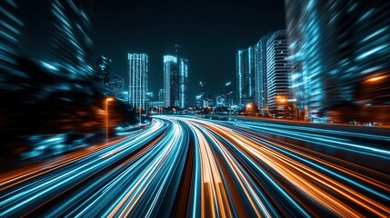 High-speed rail light trails, motion blur effect, sci-fi style, dark background, wide-angle lens, red and blue tones, fast shutter speed, futuristic feeling