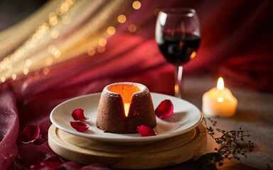 Obraz premium Romantic chocolate dessert with wine and candlelight.
