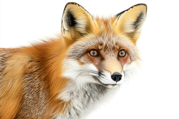 Fototapeta premium Red fox with a bushy tail, looking over its shoulder on a white background, capturing cunning