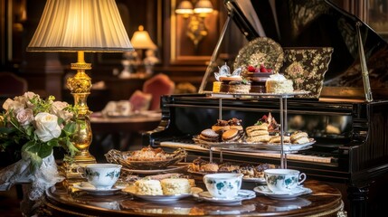 Elegant afternoon tea setting with pastries, teacups, and a grand piano in a luxurious room.