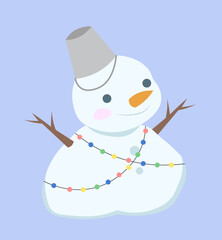Cute snowman in hat. Man from snowballs in bucket on head. Cold season, New Year and Christmas, Noel Eve. December or January. Brochure or booklet. Flat vector illustration