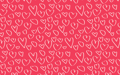 Seamless pattern of hand-drawn white hearts on a pink background. Perfect for Valentine's Day, fabric, and cute designs