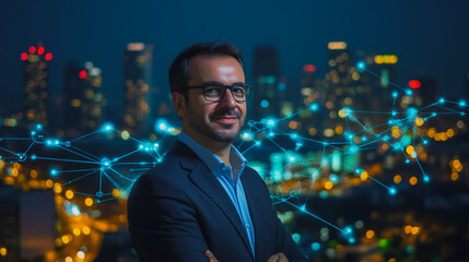 Abstract businessman stands on the peak of success Smart digital city with connection cyber security network reciprocity over the cityscape future wireless digital city and social media networking