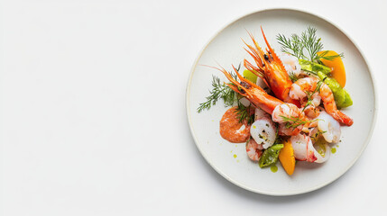 A minimalist yet vibrant plate of seafood, accentuated with bright, contrasting color tones, placed perfectly against a pristine white background, hyper-clear focus, smooth textures, hd quality, style