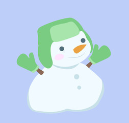Cute snowman in hat. Man from snowballs in green hat and mittens. Cold season, New Year and Christmas, Noel Eve. December or January. Social media sticker. Flat vector illustration