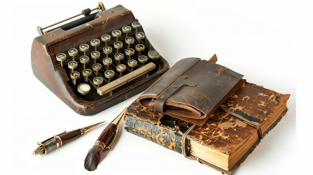 Antique Adding Machine with Leather Journal on white background.PNG