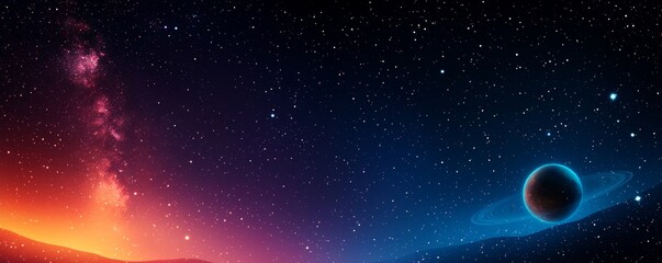Obraz premium A stunning cosmic scene featuring a colorful horizon, distant stars, and a dark planet surrounded by blue rings against a starry backdrop.