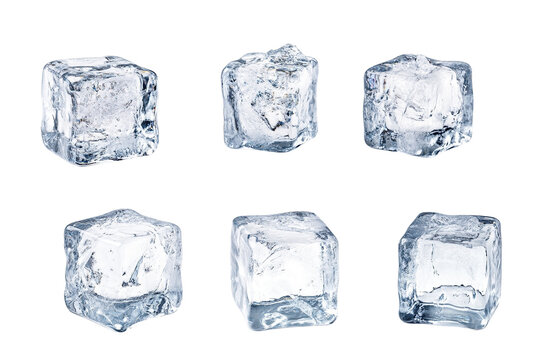 Six Clear Ice Cubes on Transparent Background