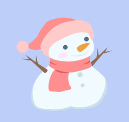 Cute snowman in hat. Man from snowballs in pink hat and scarf. Cold season, New Year and Christmas, Noel Eve. December or January. Character in warm clothes. Flat vector illustration
