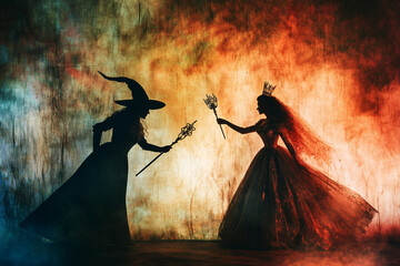 Dramatic silhouette of a witch facing off against a princess with a wand.