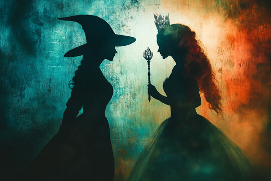 Silhouette of a witch with a staff facing off against a princess with a wand.