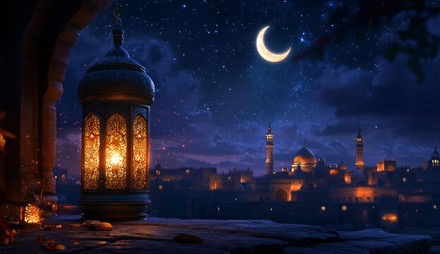 Ramadan Kareem greeting. Islamic lantern near mosque with night sky with crescent moon and stars. End of fasting. Hari Raya card. Eid al-Fitr decoration. Breaking of holy fast day. Muslim holiday.

