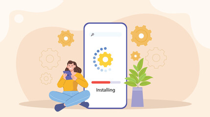 An illustration of a modern app installation concept, featuring a smartphone or tablet with a dynamic progress bar, app icons, and smooth animation of the installation process. 