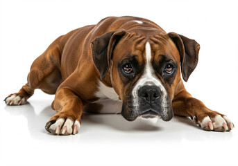 Obraz premium Boxer dog lying down on a glossy white surface, looking at the camera with large, dark eyes.