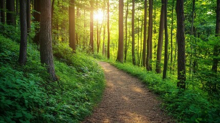 Fototapeta premium A peaceful hiking trail winding through a dense forest, Sunlight filtering through leafy canopies, Nature hike style