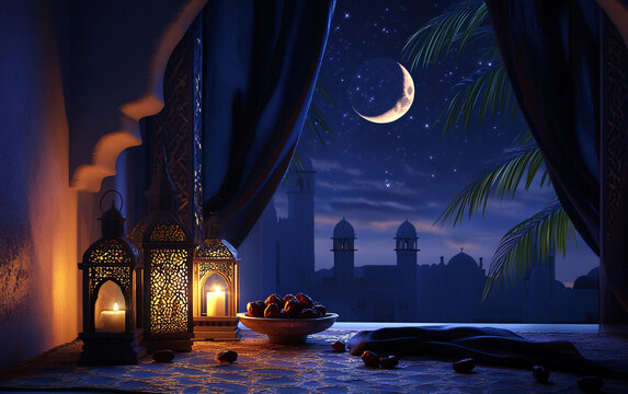 Ramadan Kareem greeting. Islamic lantern near mosque with night sky with crescent moon and stars. End of fasting. Hari Raya card. Eid al-Fitr decoration. Breaking of holy fast day. Muslim holiday.

