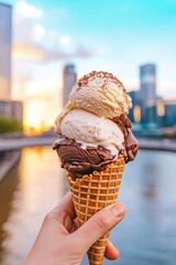 4 Scoop Waffle Cone at Golden Hour with City Skyline