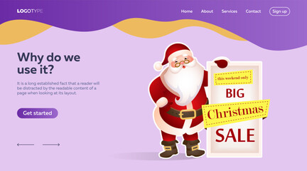 Landing page design with Santa Claus. Big Christmas Sale poster  and Santa in costume. Vector illustration can be used for sales, online shops, special offer