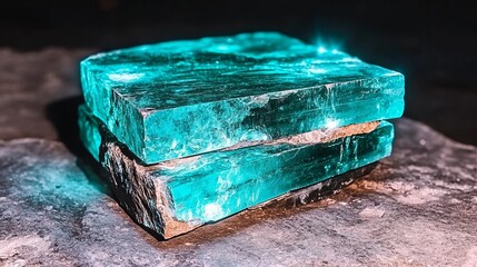 Fototapeta premium Luminous Teal Glass Blocks Stacked on Dark Surface