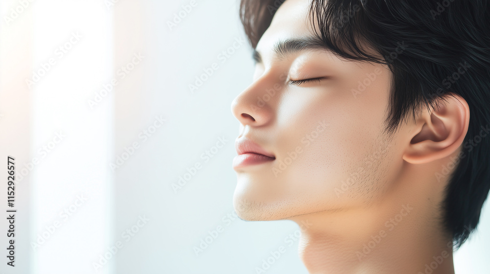 Poster 若くてかっこいいアジア人男性モデルの横顔に日差しが当たって輝いている。健康的で前向きなイメージの美容ポートレート。