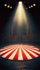 A circus stage with a spotlight and spotlights red and white stripes on the floor