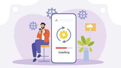 An illustration of the app update process, showing a smartphone or tablet screen with a progress bar, icons representing app features