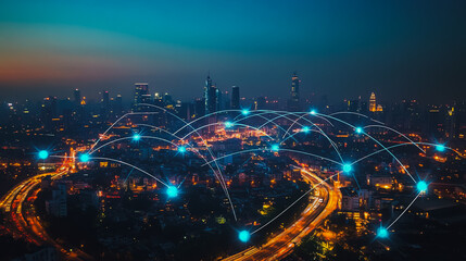 Abstract businesswoman stands on the peak of success Smart digital city with connection cyber security network reciprocity over the cityscape future wireless digital city and social media networking