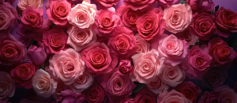 Pink roses on a violet backdrop with ample blank space for invitations or congratulatory messages ideal for celebrations and special events