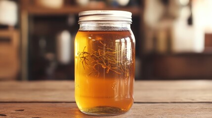 Refreshing mason jar filled with cold tea on rustic wooden table background for a cozy beverage concept