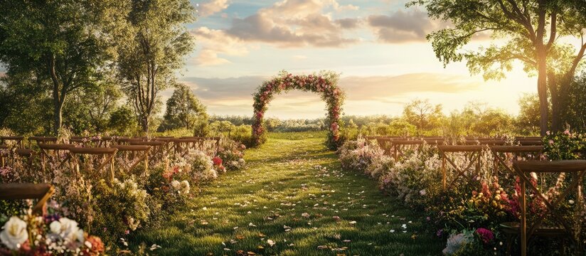 Nature-inspired wedding meadow with floral decorations and archway under a warm sunset sky for an enchanting ceremony backdrop.