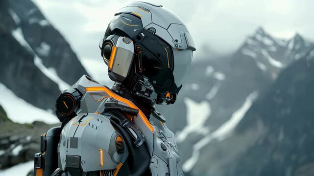 A close up of the helmet and armor on an exo suit, a high-tech robotic soldier in black, grey, and white with orange details, on top of a mountain in a cinematic