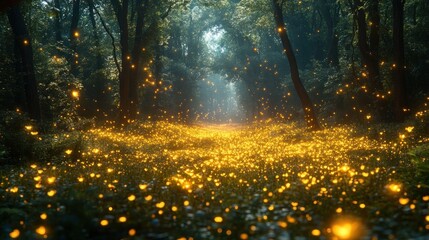 A mystical forest path illuminated by glowing fireflies, creating a magical atmosphere.