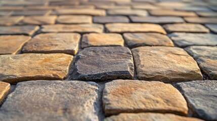Masonry wall paving stones textured background in close-up view showcasing earthy tones and natural stone patterns