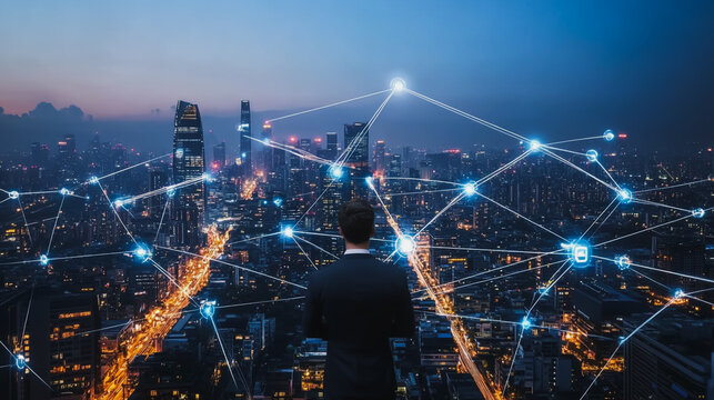 Abstract businesswoman stands on the peak of success Smart digital city with connection cyber security network reciprocity over the cityscape future wireless digital city and social media networking