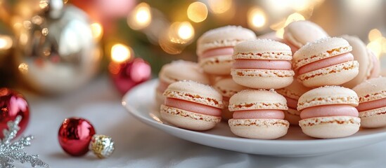 Fototapeta premium Elegant macaroons arranged on a plate with festive ornaments and soft holiday lights in the background, perfect for seasonal celebrations.