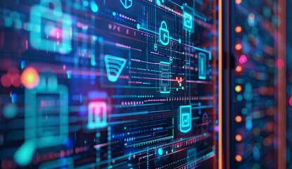 Close up of an abstract digital screen displaying hologram background with glowing light