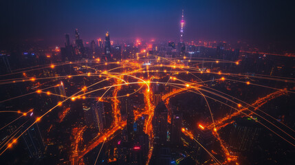 Naklejka premium Abstract businesswoman stands on the peak of success Smart digital city with connection cyber security network reciprocity over the cityscape future wireless digital city and social media networking