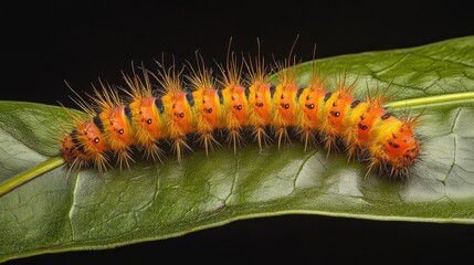 Fototapeta premium Mature colorful caterpillar resting on a host plant leaf showcasing distinctive patterns and textures in its natural habitat