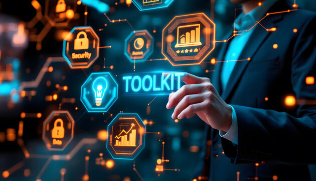 Digital Toolkit Technology Concept, Cybersecurity Tools and Resources, Business Technology Solutions Interface