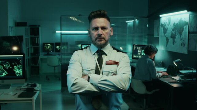 Medium portrait of frowning mature Caucasian male army lieutenant in uniform shirt standing in command center among computers with satellite maps, folding arms on chest and looking at camera