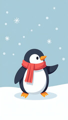 Naklejka premium A minimal phone HD wallpaper with a cartoon penguin wearing a scarf on a white snowy background.