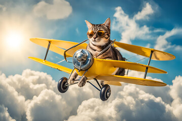 A cat wearing aviator goggles soars through fluffy clouds in a tiny vintage plane, with the bright sun glowing in the blue sky.