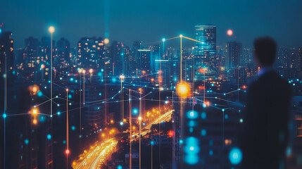 Fototapeta premium Abstract businesswoman stands on the peak of success Smart digital city with connection cyber security network reciprocity over the cityscape future wireless digital city and social media networking