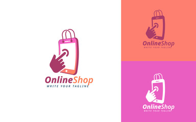Online Shopping Logo Design With Smartphone Clicking Hand, Bag. Ecommerce Logo, Modern Online Store Logo. Vector Illustration