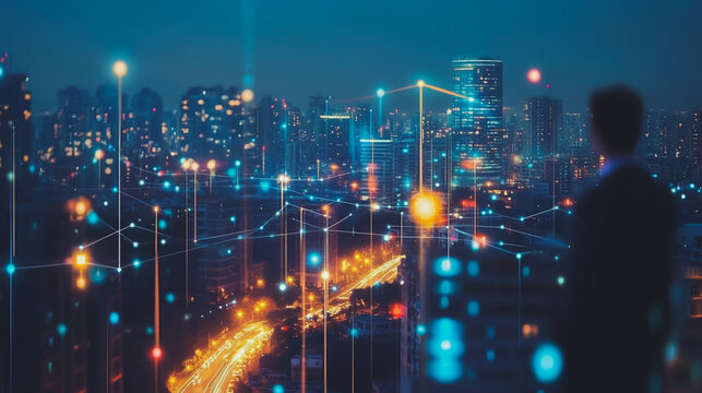 Abstract businesswoman stands on the peak of success Smart digital city with connection cyber security network reciprocity over the cityscape future wireless digital city and social media networking