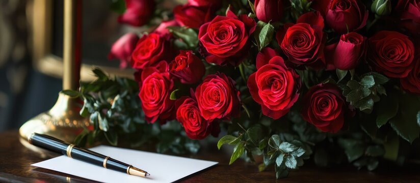 Elegant red rose bouquet with blank card and ink pen perfect for heartfelt notes and gift giving.